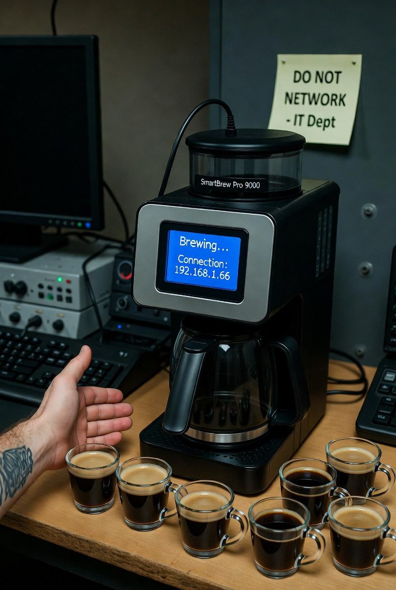 Hacked coffee maker - IoT security humor in Cyborama